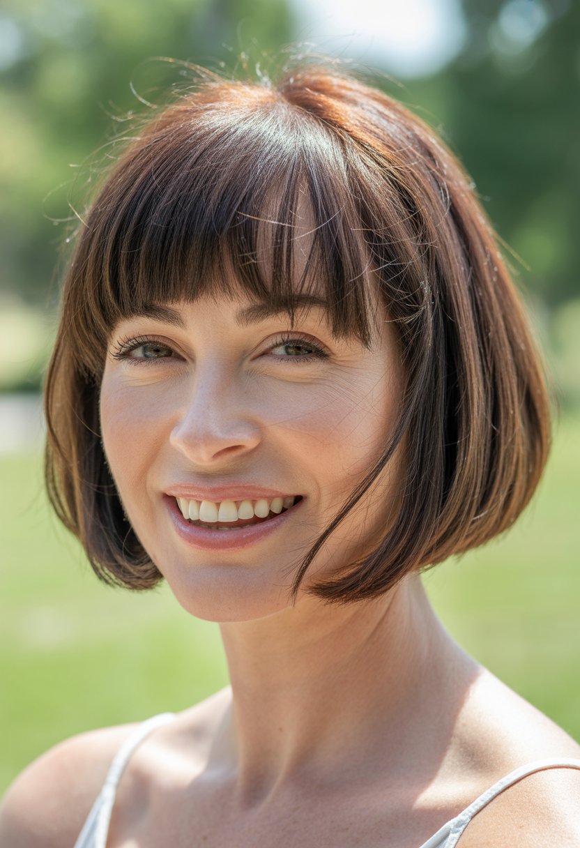 Headshot of a smiling woman outdoors with blurred greenery in the background.