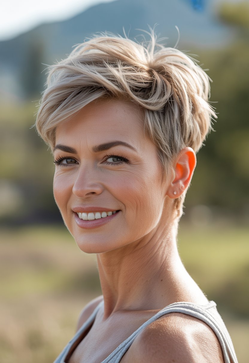 Headshot of a smiling woman outdoors with short, textured hair and a blurred natural background.