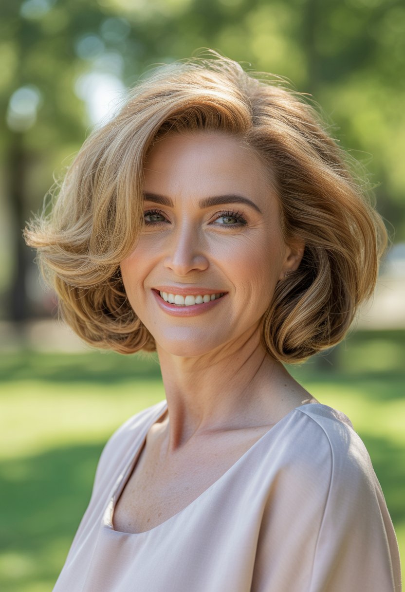 Headshot of a smiling woman outdoors with blurred greenery in the background.