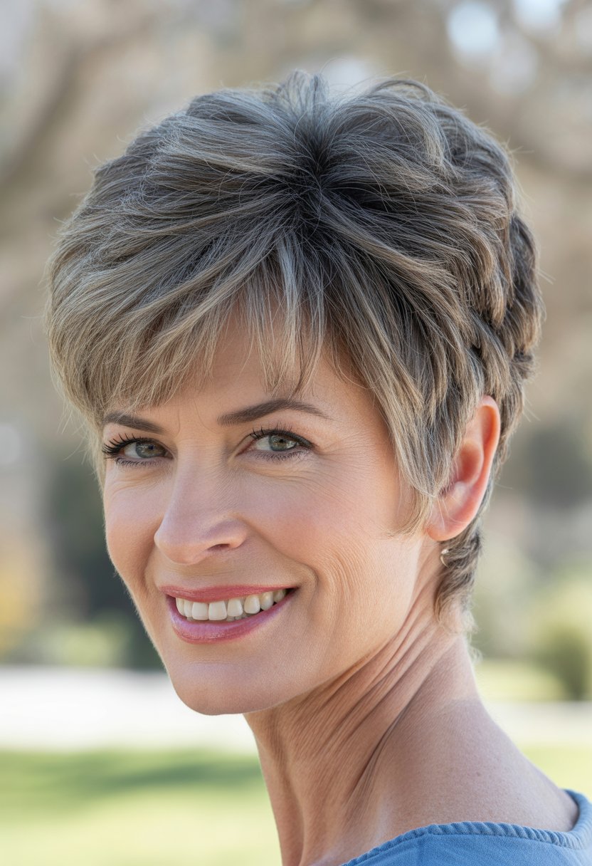 Headshot of a smiling woman outdoors with a short textured haircut and fringe.
