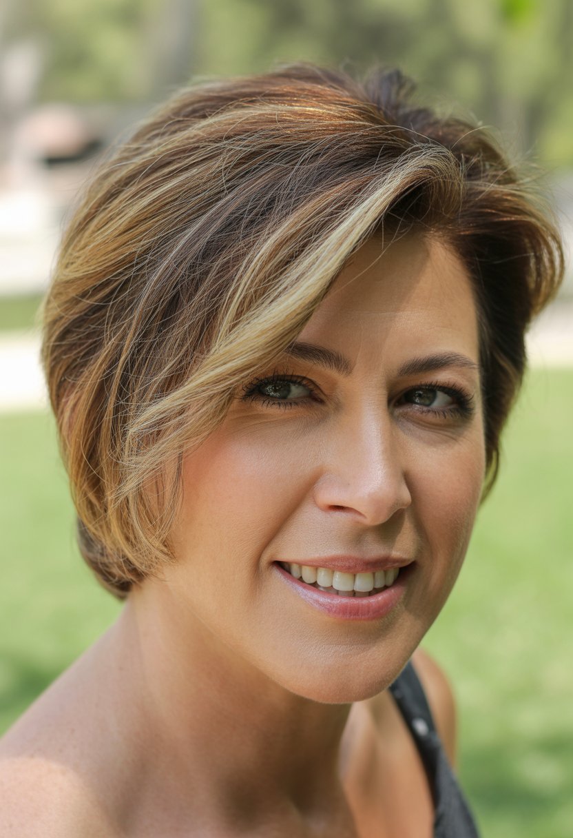Headshot of a smiling woman outdoors with short hair in natural light.
