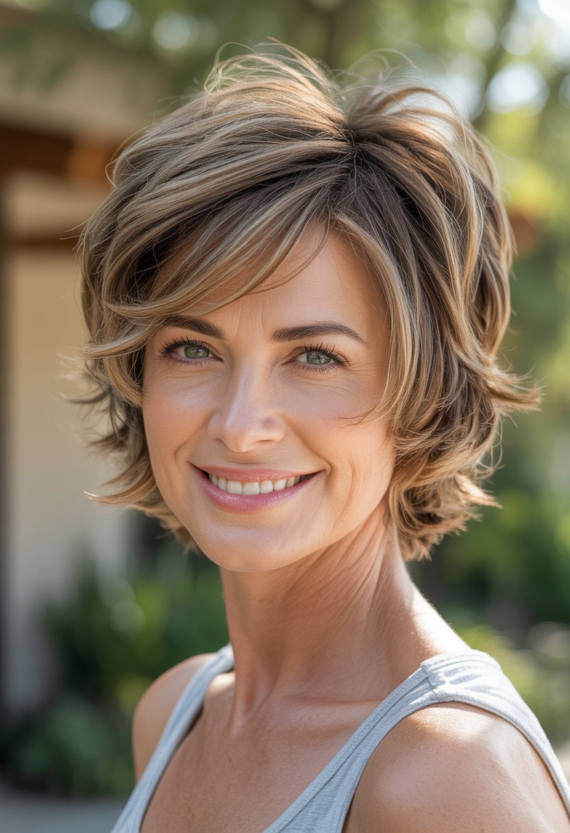 Headshot of a smiling woman outdoors with short layered hair and natural lighting.