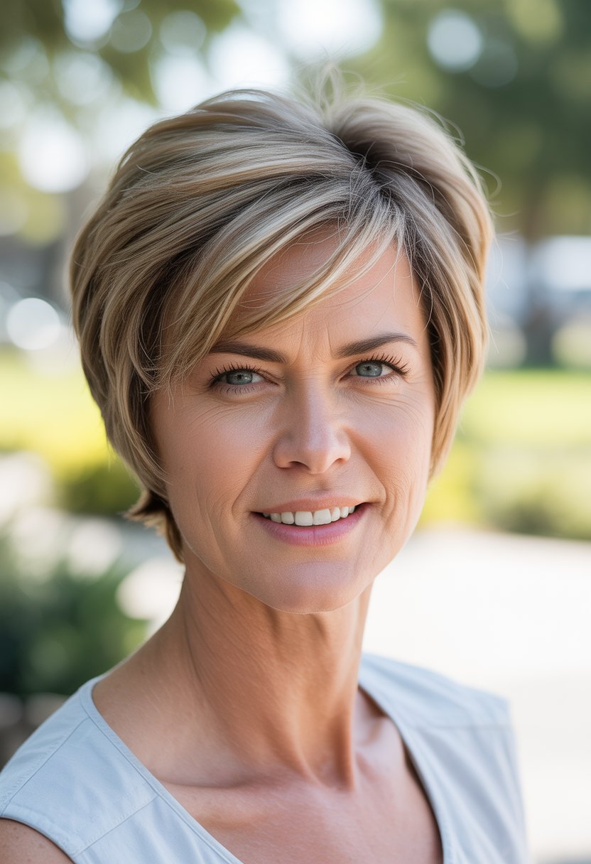 Headshot of a smiling woman outdoors with short hair and greenery in the background.