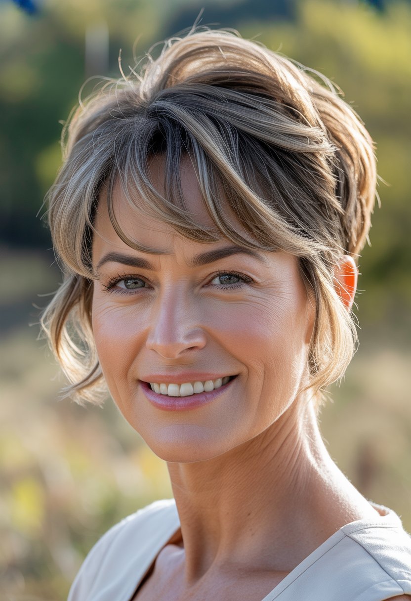 Headshot of a smiling woman outdoors with short hair and wispy bangs.