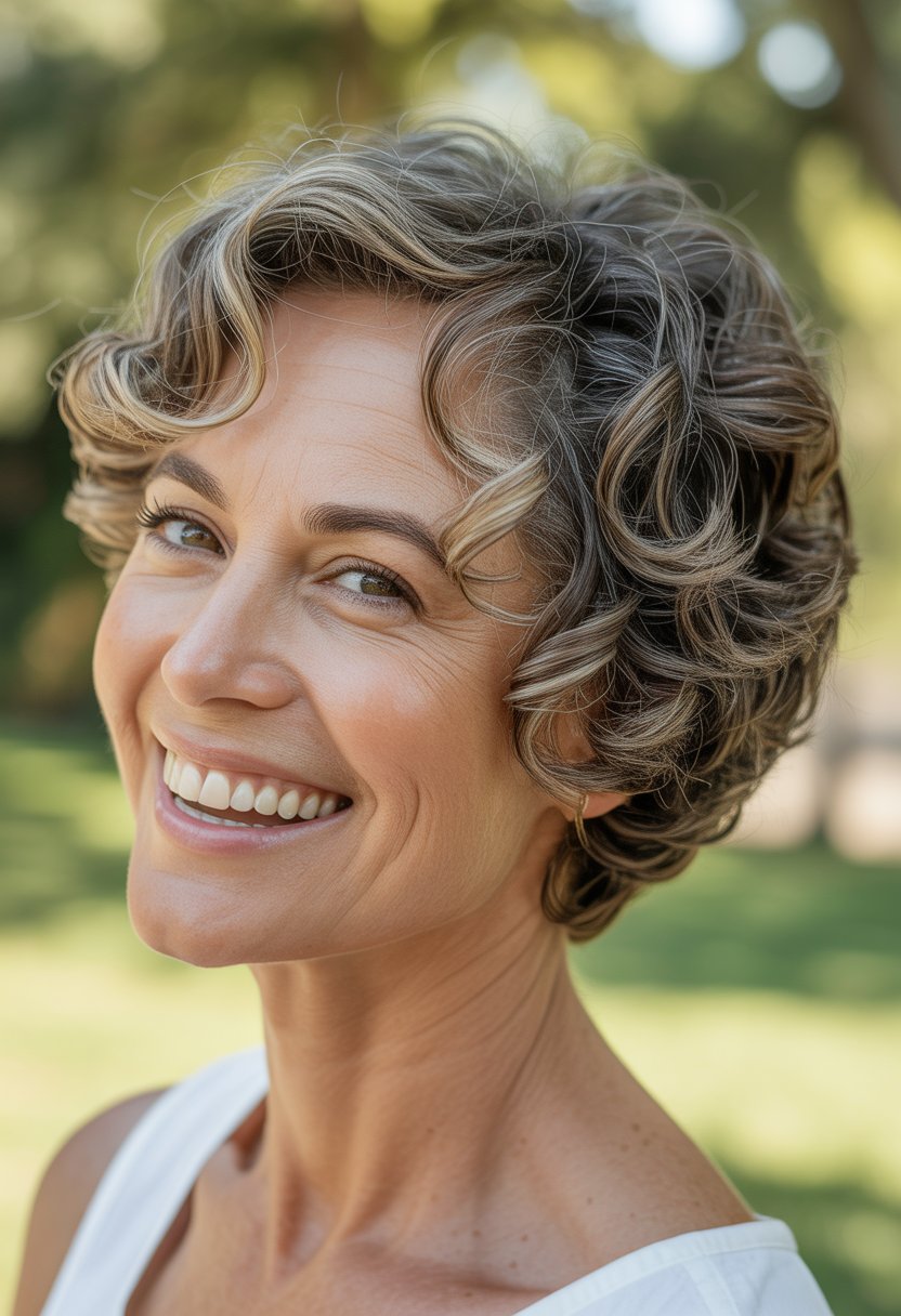 Headshot of a smiling woman outdoors with short curly hair and natural light.
