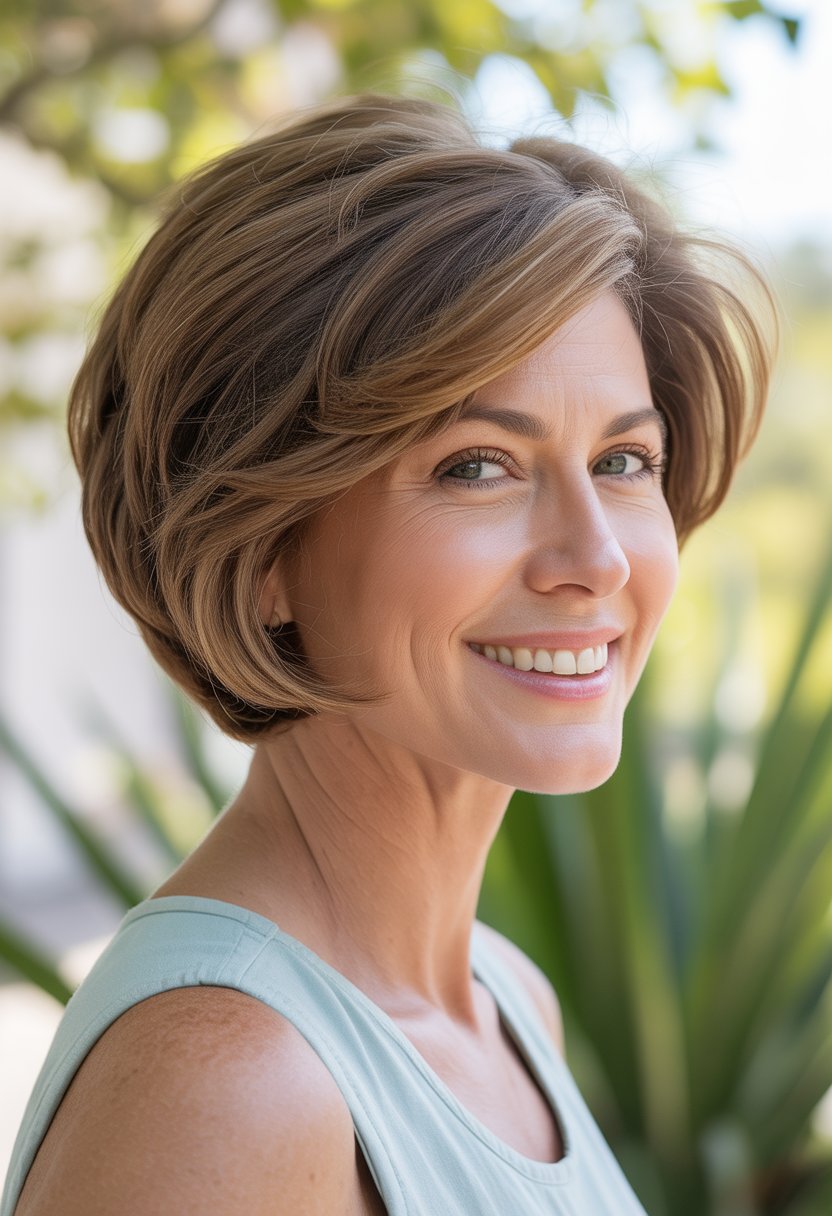 Headshot of a smiling woman outdoors with short hair and a blurred green background.
