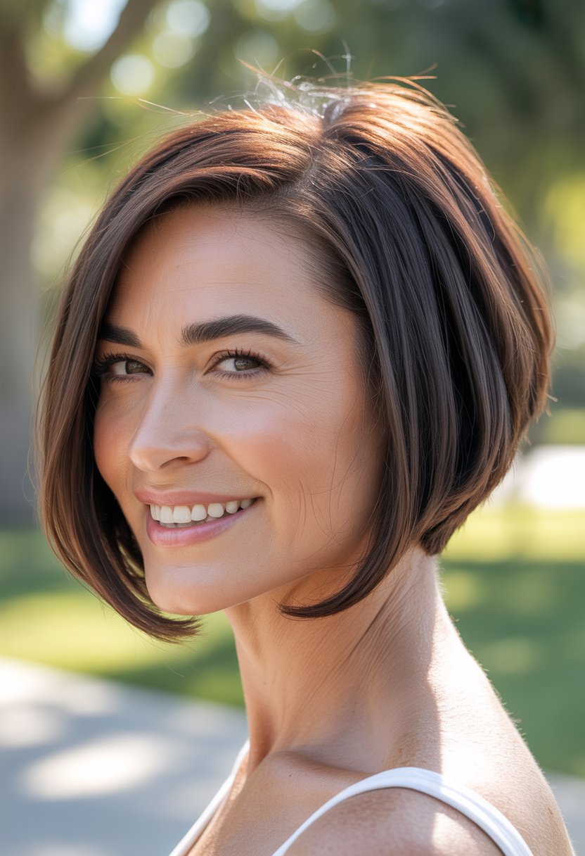 Headshot of a smiling woman outdoors with greenery in the background.