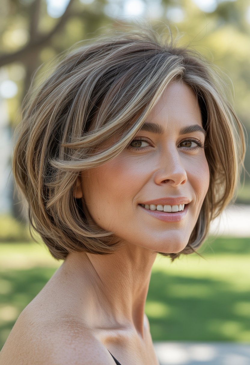 Headshot of a smiling woman outdoors with blurred green background.
