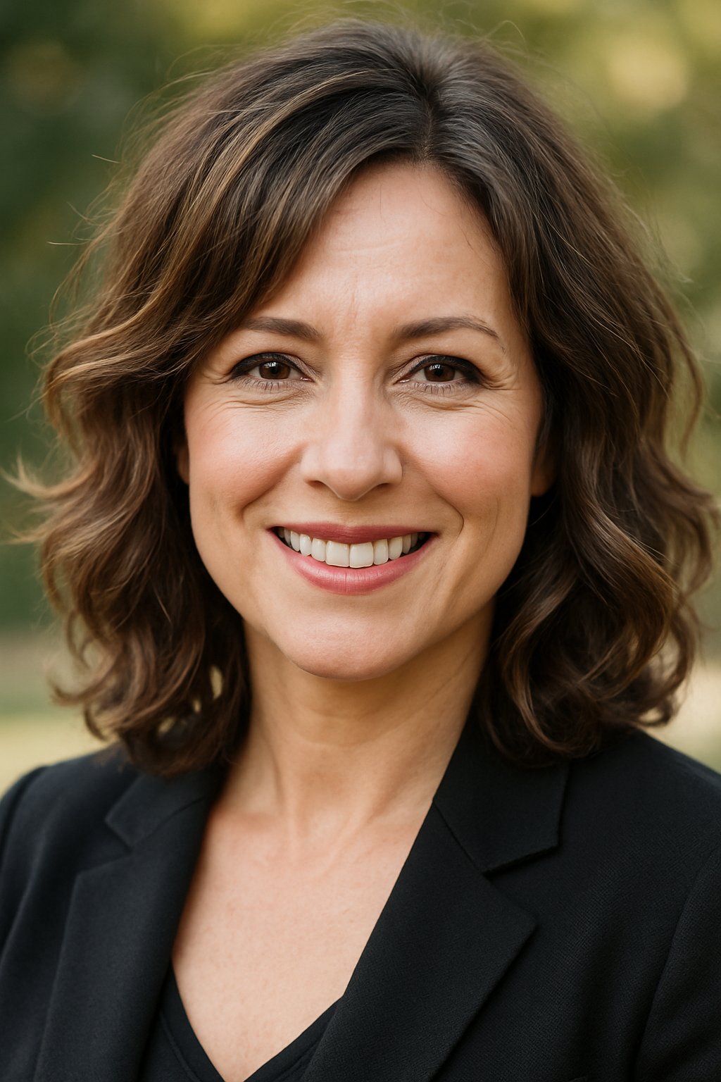 Headshot of a smiling woman outdoors with shoulder-length wavy hair.