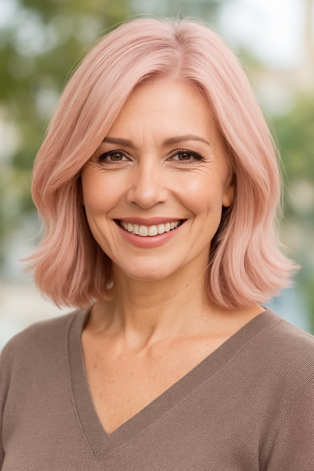 Headshot of a smiling woman outdoors with shoulder-length pastel pink hair.
