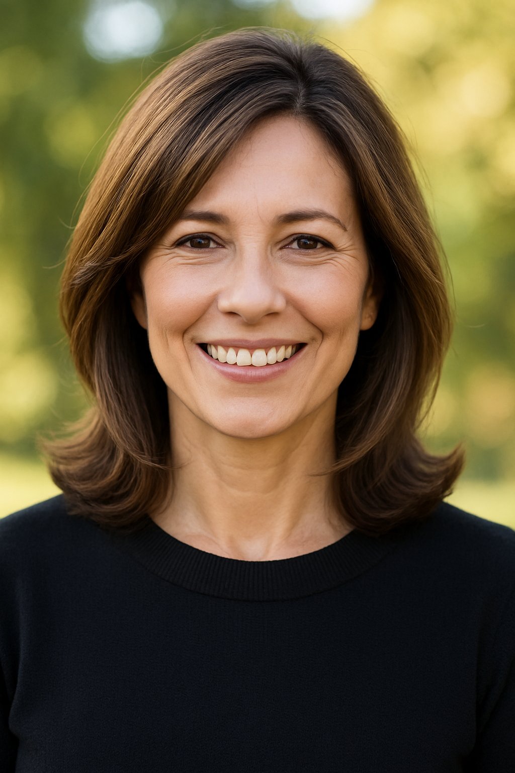 Smiling woman outdoors with shoulder-length hair and a natural background.