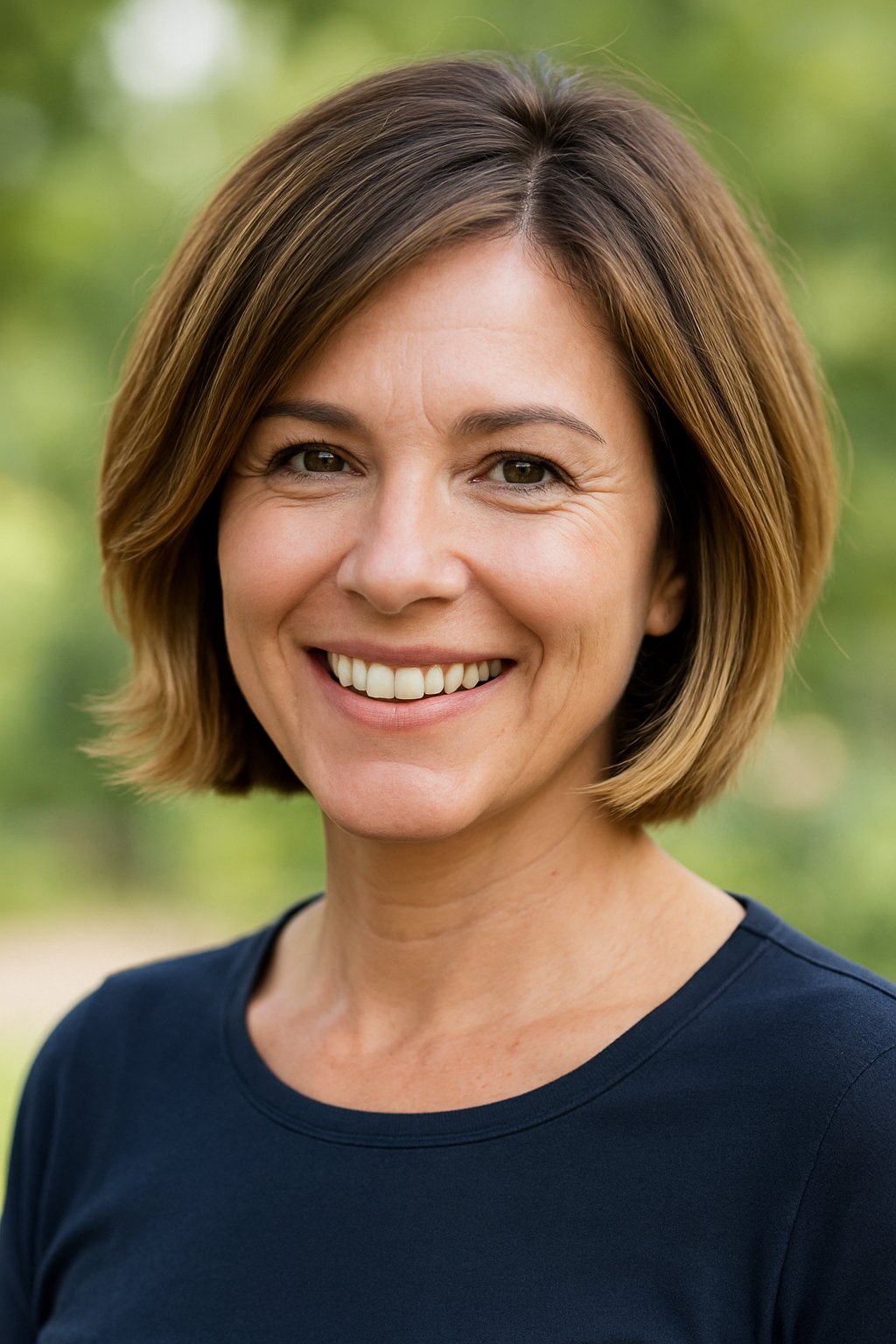 Headshot of a smiling woman outdoors with blurred greenery in the background.