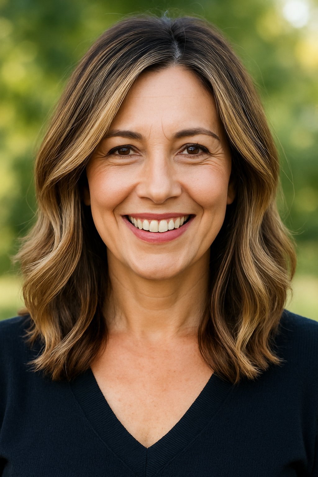 Headshot of a smiling woman with shoulder-length hair outdoors.
