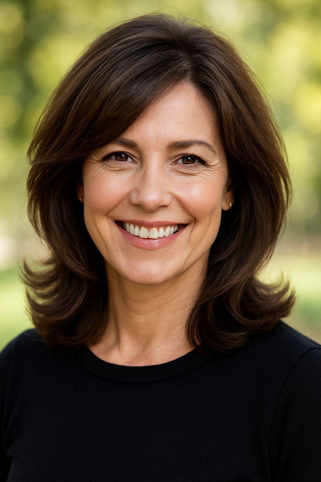 Headshot of a smiling woman outdoors with shoulder-length hair and a natural background.
