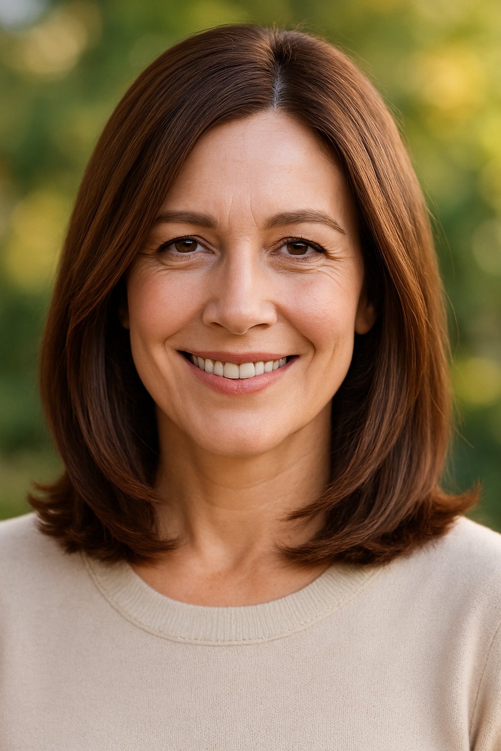 Headshot of a smiling woman outdoors with shoulder-length chestnut hair and a natural background.