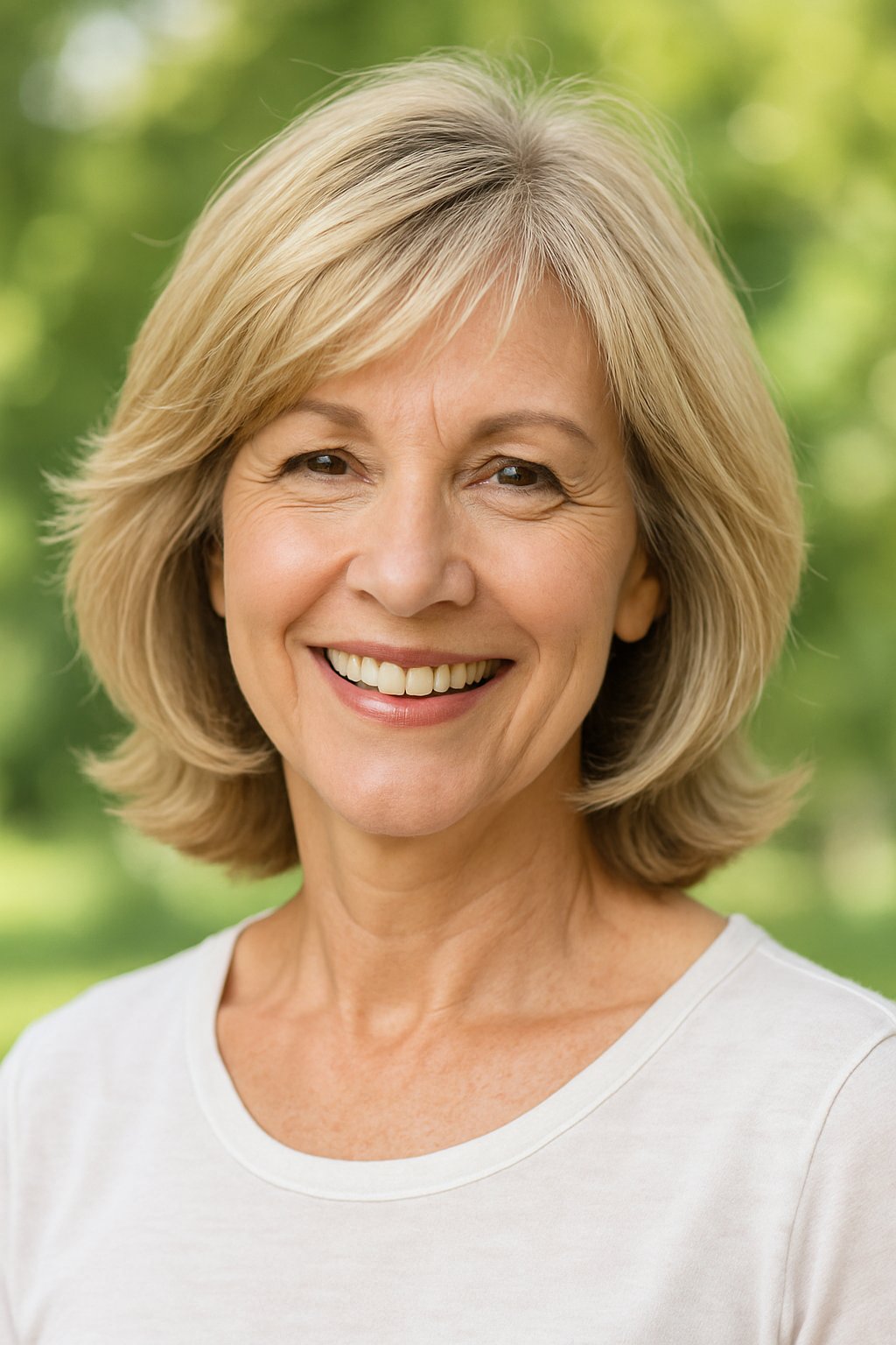Headshot of a smiling woman outdoors with greenery in the background.