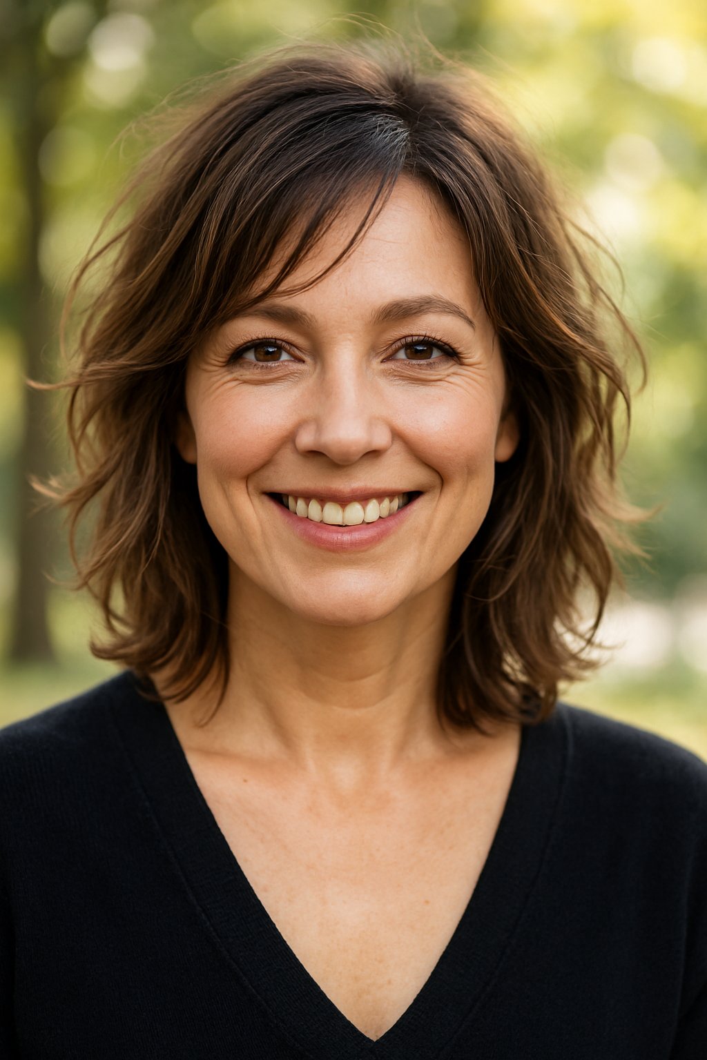 Headshot of a smiling woman outdoors with shoulder-length tousled hair and a blurred green background.