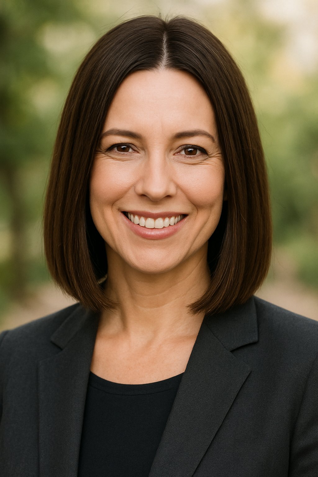 Headshot of a smiling woman outdoors with shoulder-length straight hair.