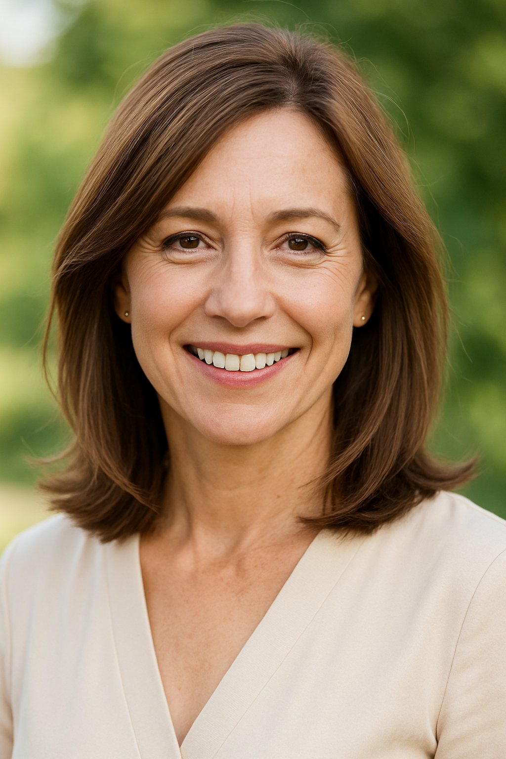 Headshot of a smiling woman outdoors with blurred green background.