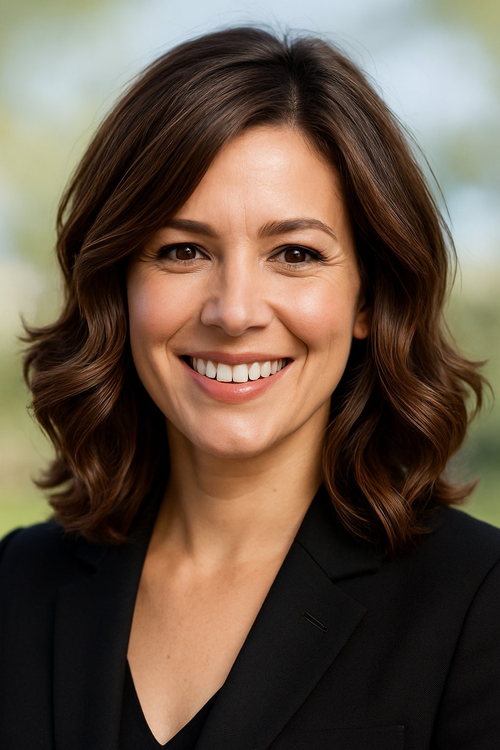 Headshot of a smiling woman outdoors with shoulder-length brunette hair and soft waves.