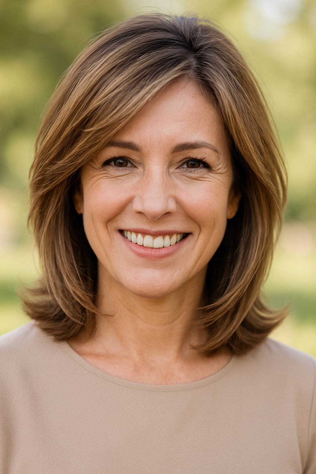 Smiling woman outdoors with shoulder-length hair and natural background.