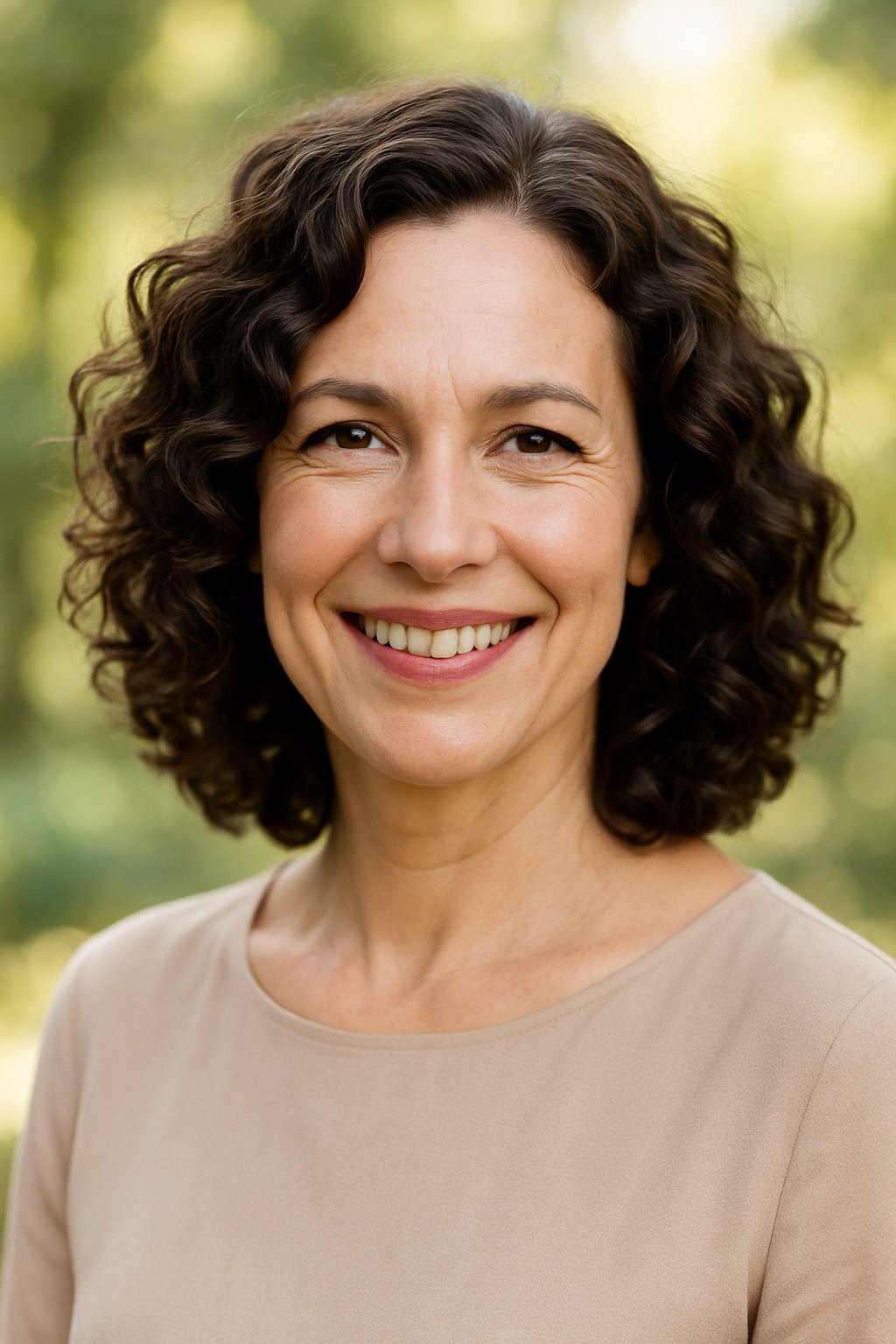 Headshot of a smiling woman outdoors with shoulder-length curly hair and greenery in the background.