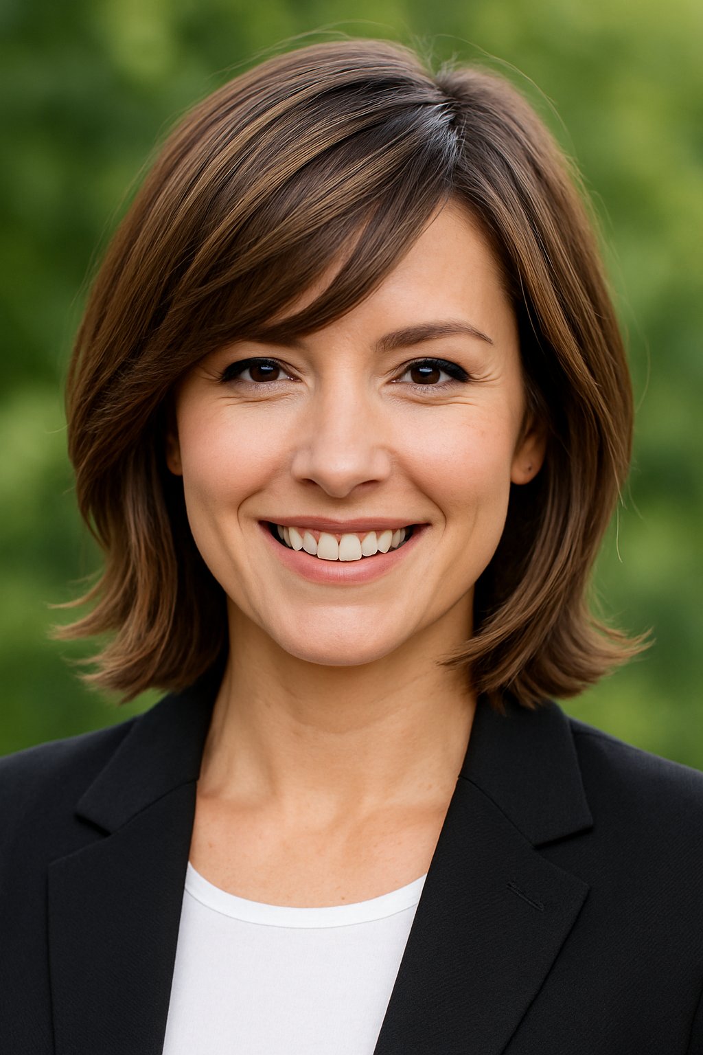 Headshot of a smiling woman outdoors with a blurred green background.