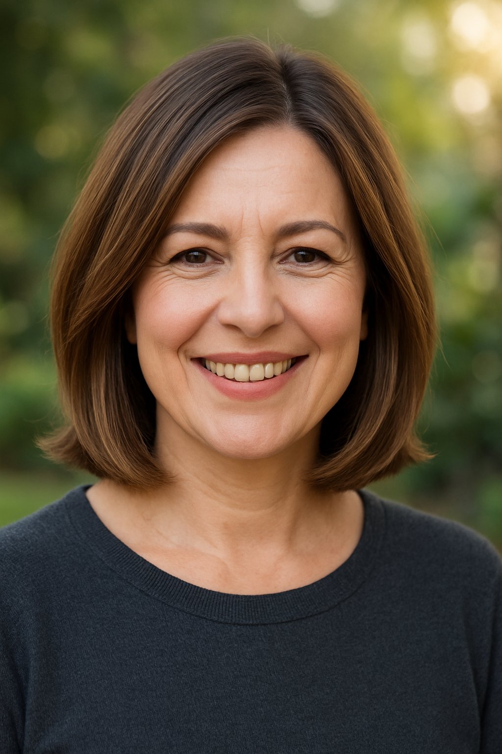 Headshot of a smiling woman outdoors with a blurred natural background.