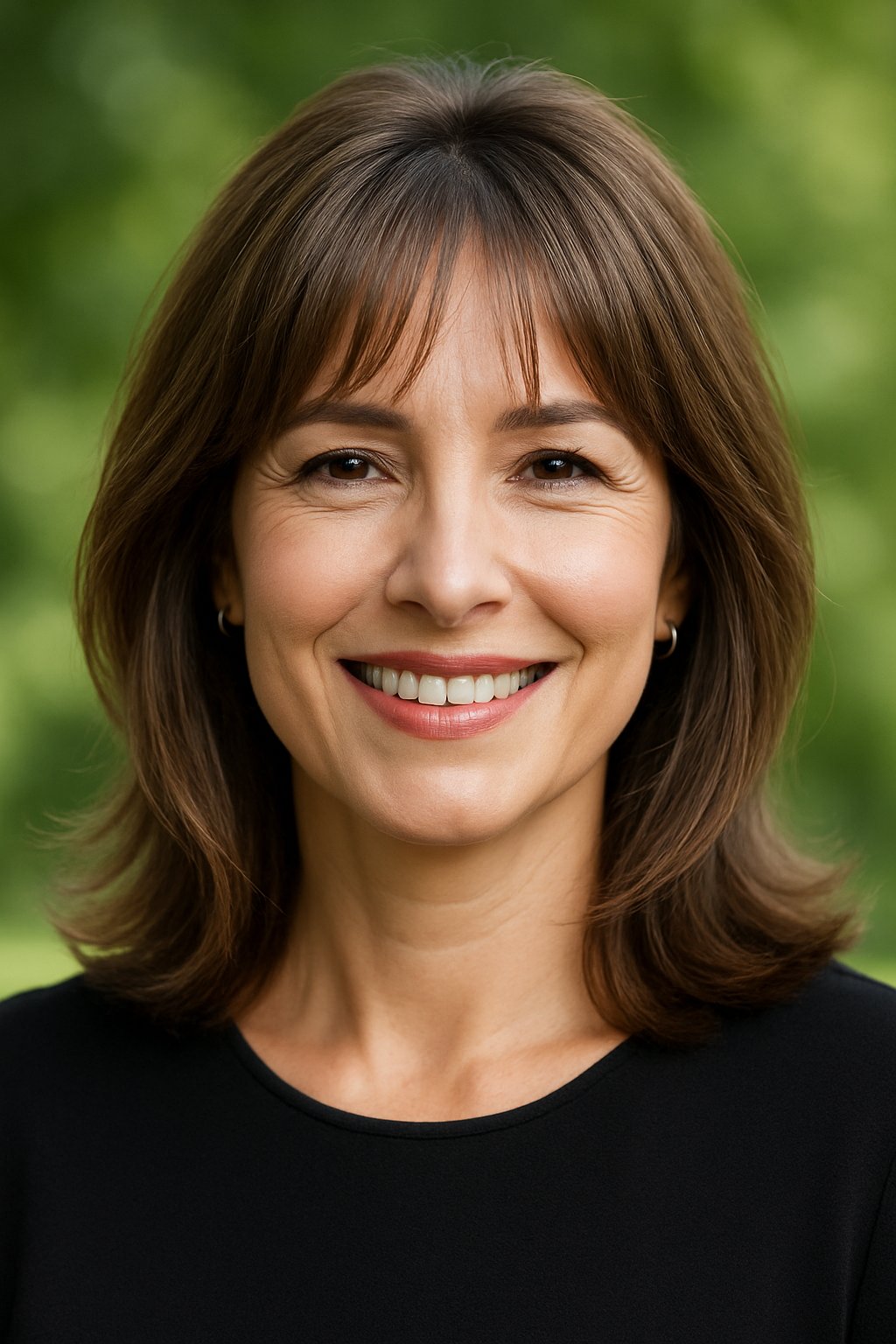 Headshot of a smiling woman outdoors with greenery in the background.