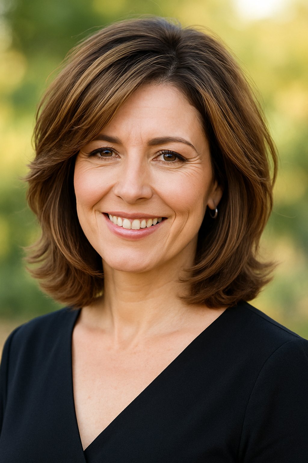 Headshot of a smiling woman outdoors with shoulder-length hair and a natural background.