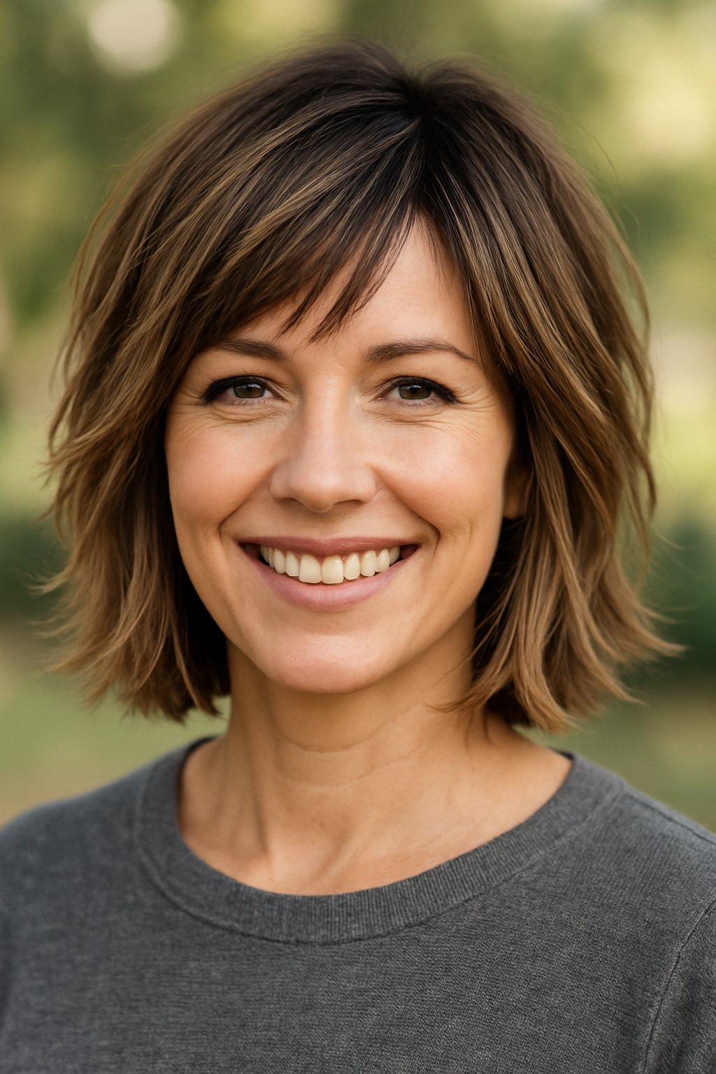 Headshot of a smiling woman outdoors with shoulder-length hair and a blurred natural background.