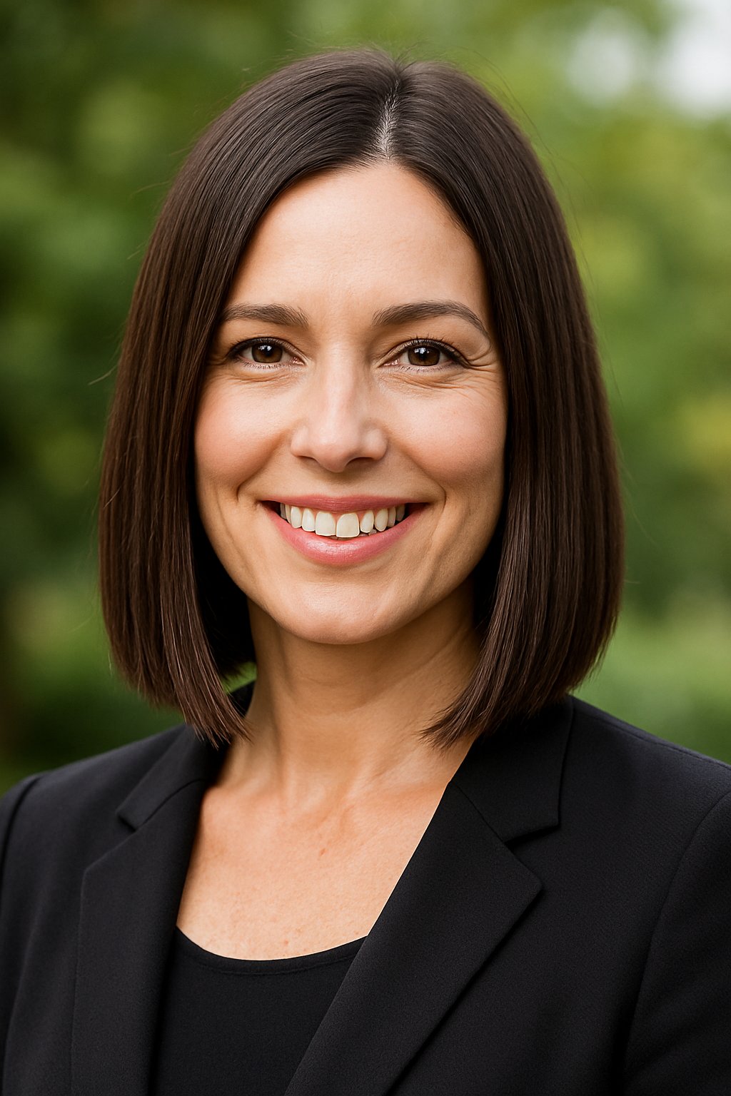 Headshot of a smiling woman outdoors with shoulder-length hair and a blurred green background.