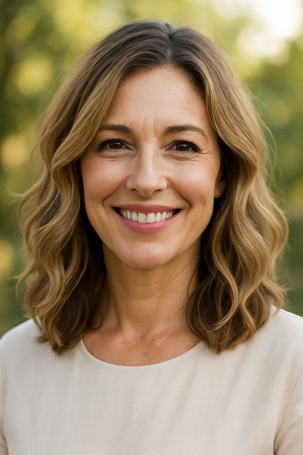 Headshot of a smiling woman outdoors with natural light and a blurred green background.