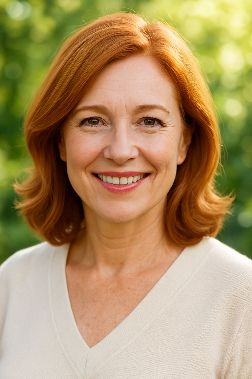 A smiling woman outdoors with shoulder-length ginger hair parted to the side.