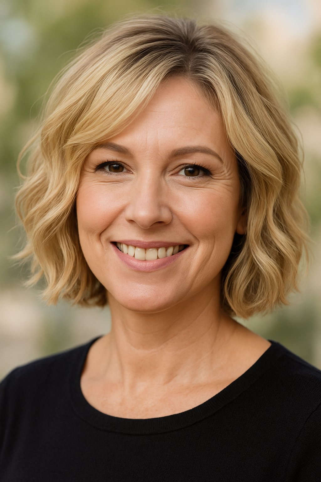 Headshot of a smiling woman outdoors with natural light.