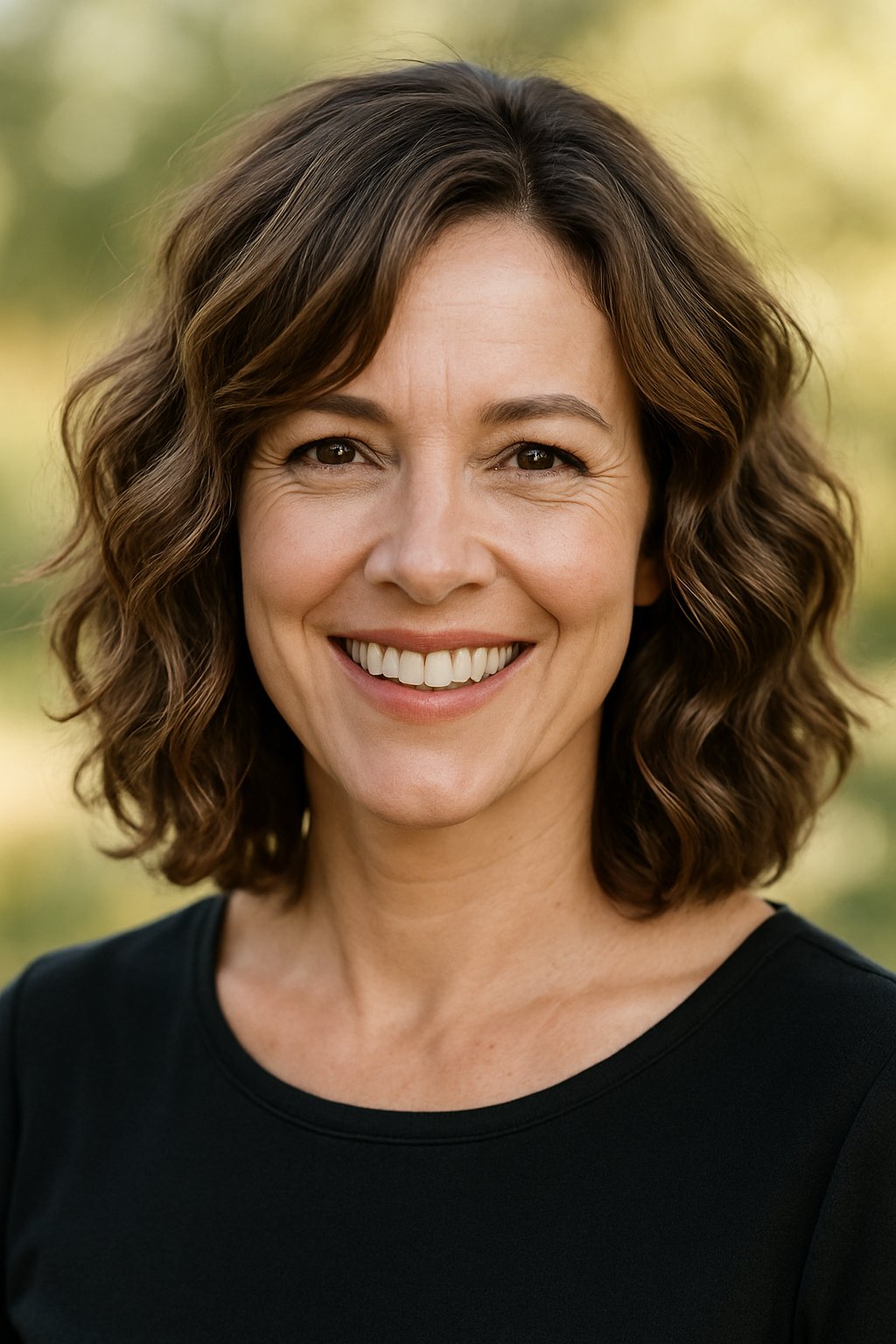 Headshot of a smiling woman outdoors with shoulder-length wavy hair and a natural background.