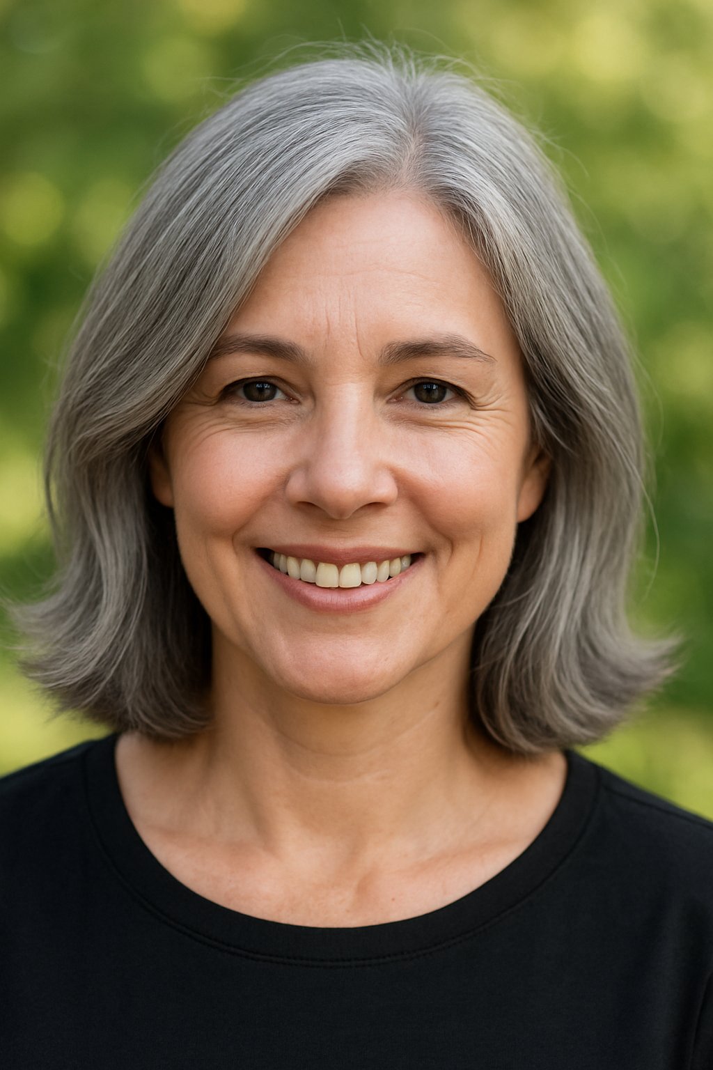Smiling woman with shoulder-length gray hair outdoors in a natural setting.