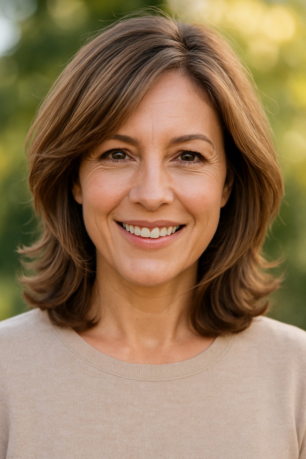 Headshot of a smiling woman outdoors with shoulder-length hair and a blurred natural background.