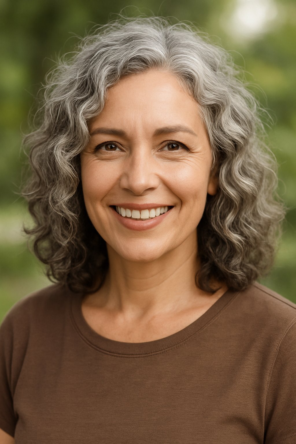 Headshot of a smiling woman with shoulder-length curly hair outdoors.