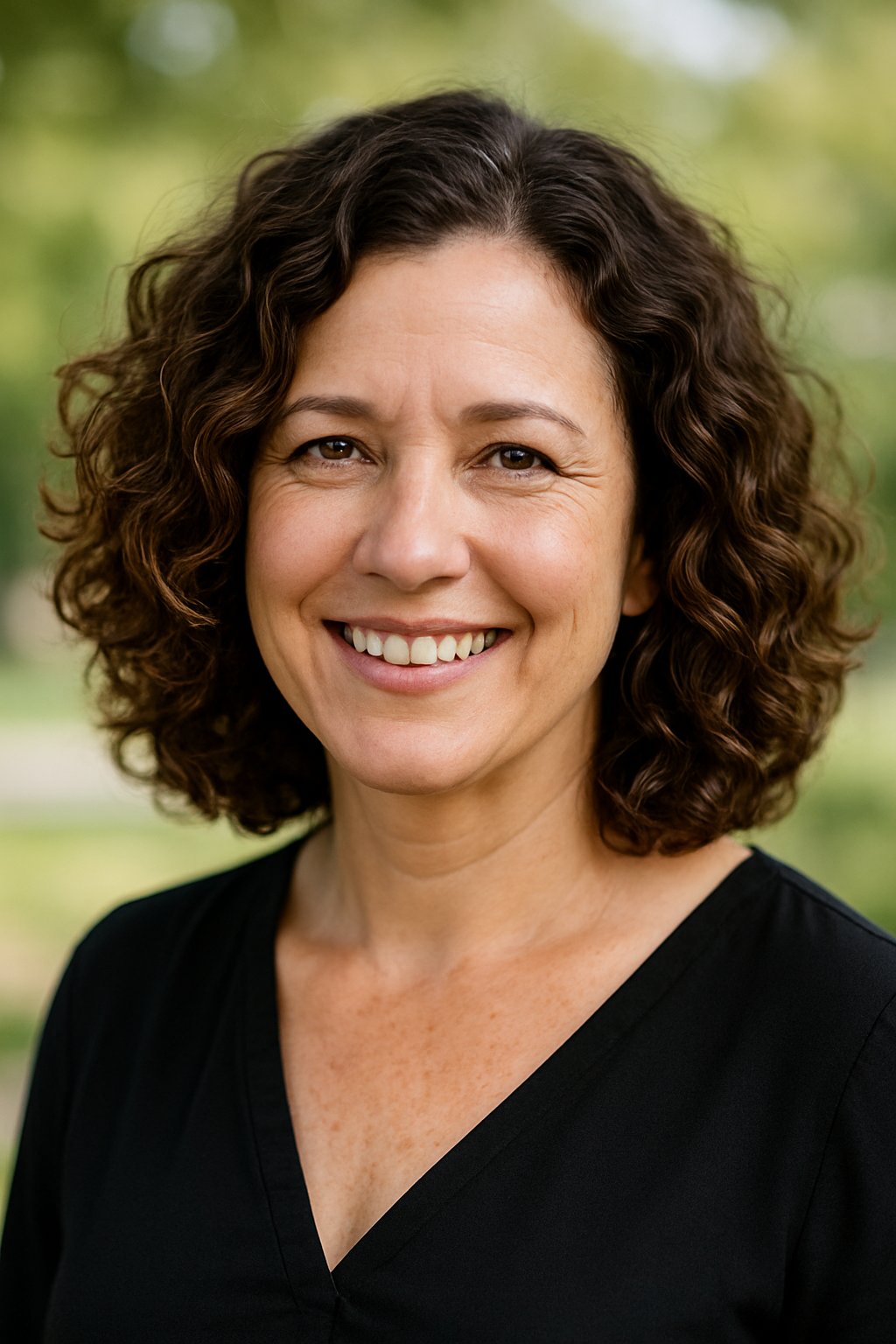 Headshot of a smiling woman outdoors with shoulder-length curly hair and a natural background.