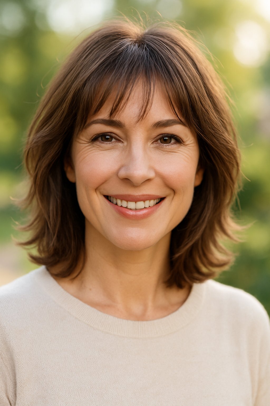 Headshot of a smiling woman outdoors with greenery in the background.