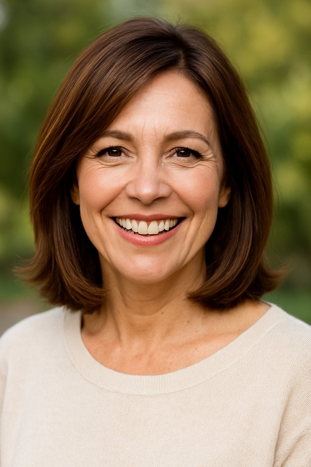Headshot of a smiling woman outdoors with trees in the background.
