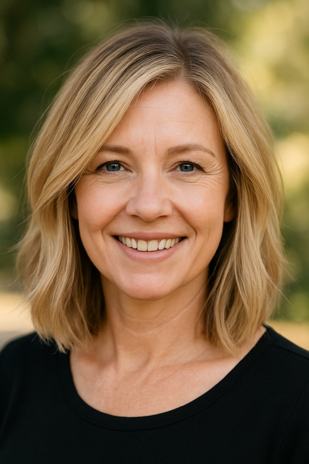 Headshot of a smiling woman outdoors with shoulder-length blonde hair.