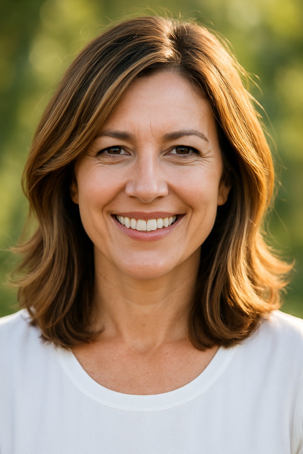 Headshot of a smiling woman outdoors with shoulder-length hair and natural sunlight in the background.