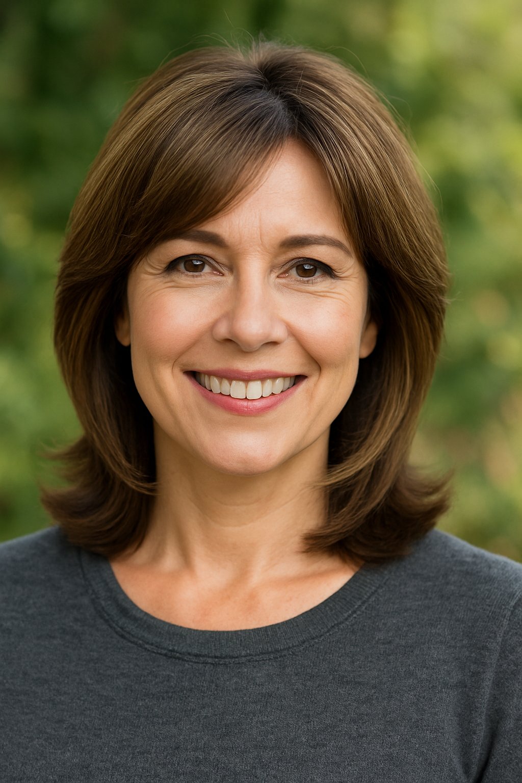 Headshot of a smiling woman outdoors with shoulder-length hair and a natural background.