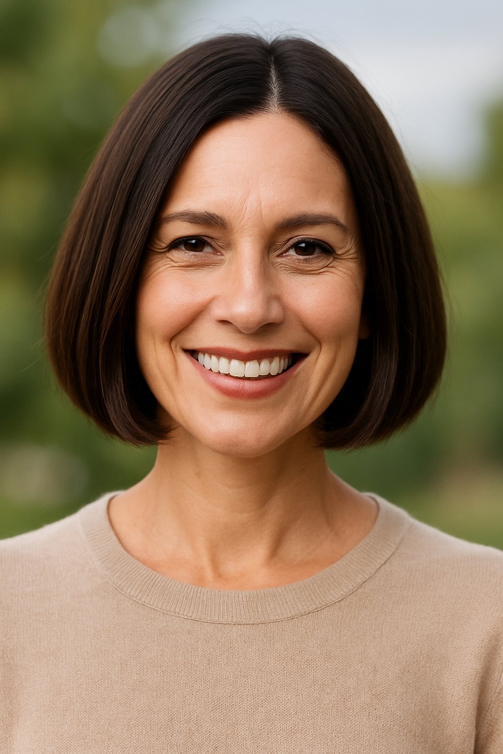 Headshot of a smiling woman outdoors with greenery in the background.
