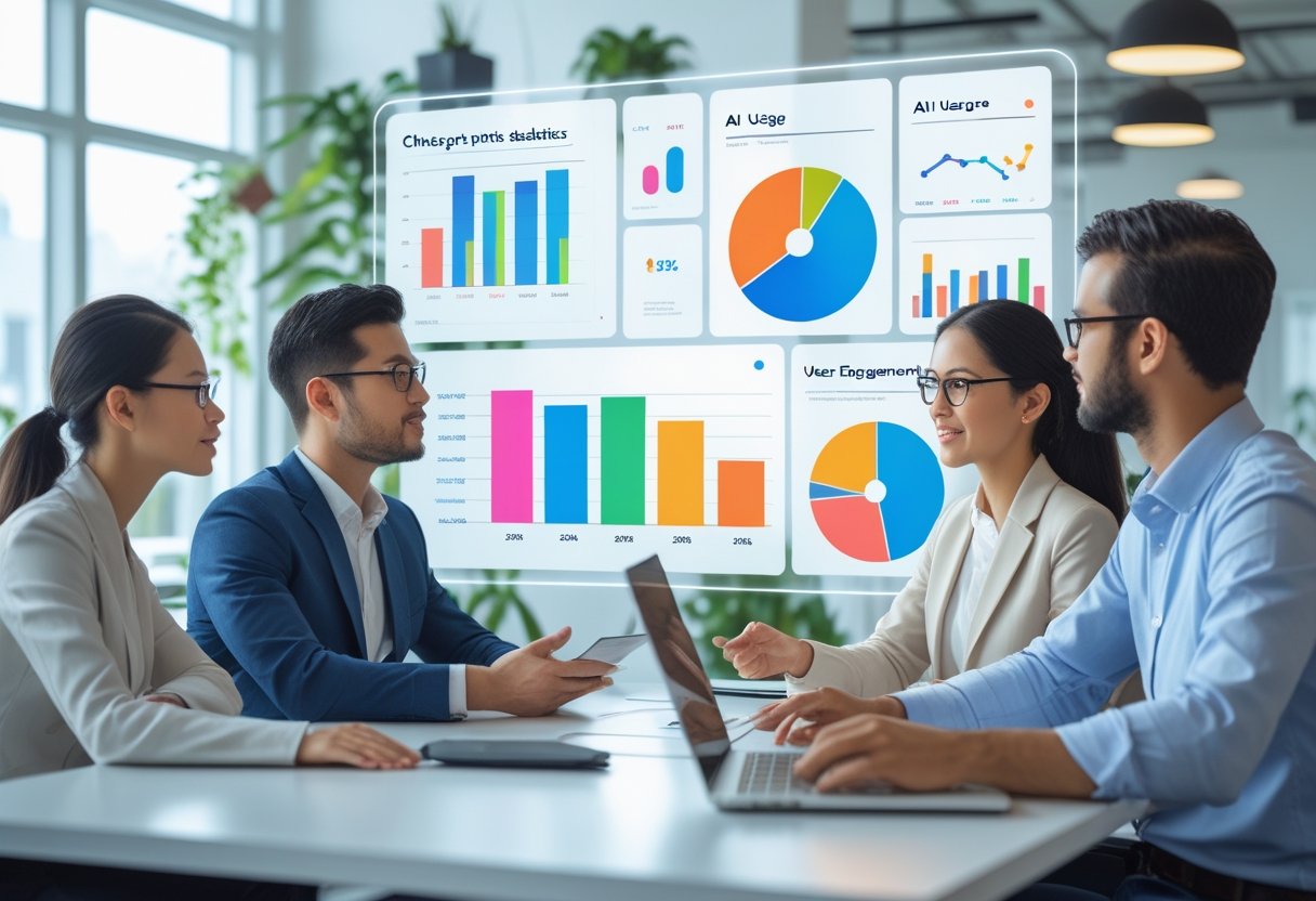 ChatGPT-Statistiken: Wachstum, Nutzerzahl & Marktanteil 1 Mehrere Personen analysieren bunte Datenvisualisierungen auf einem großen digitalen Bildschirm in einem modernen Büro.