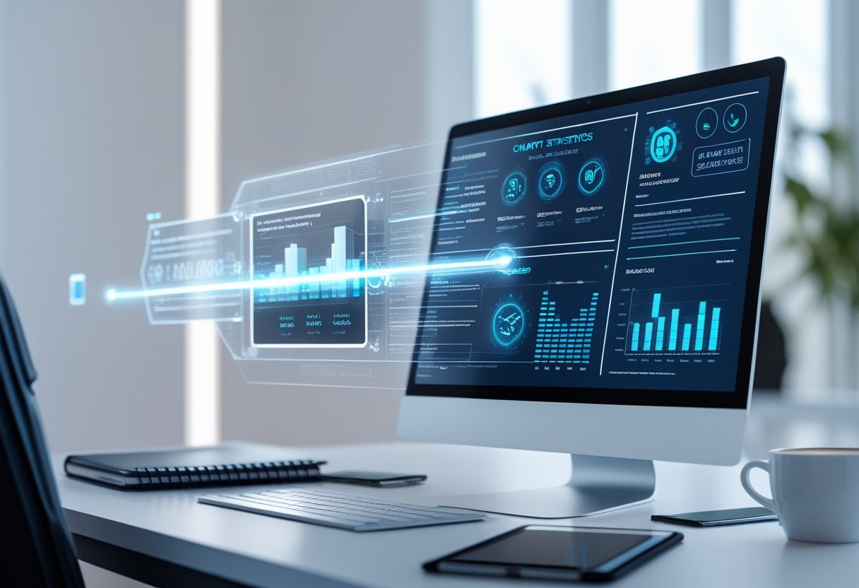 ChatGPT-Statistiken: Wachstum, Nutzerzahl & Marktanteil 2 Ein moderner Arbeitsplatz mit Computerbildschirm, der Datenvisualisierungen und Diagramme zeigt, umgeben von Notizbuch, Smartphone und Kaffeetasse.