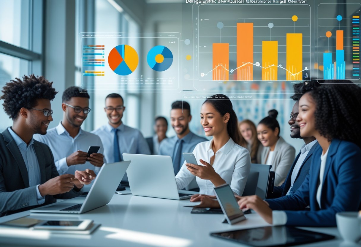 ChatGPT-Statistiken: Wachstum, Nutzerzahl & Marktanteil 3 Mehrere Menschen unterschiedlicher Herkunft und Altersgruppen arbeiten mit digitalen Geräten in einem modernen Büro, umgeben von transparenten Datenvisualisierungen.