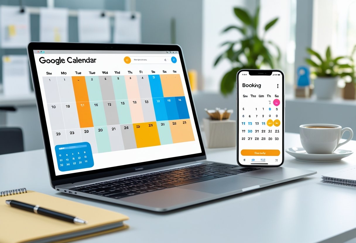 Google Kalender-Planer: So machst du eine Buchungsseite richtig 2 Ein moderner Arbeitsplatz mit Laptop und Smartphone, die digitale Kalender und eine Buchungsseite anzeigen.